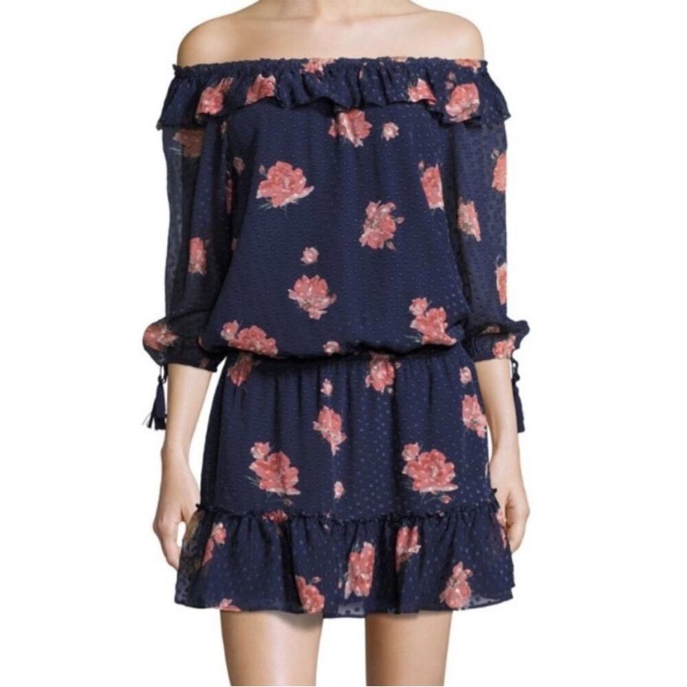 Joie | Women’s Navy Luvenia Floral Off Shoulder Dress Floral Textured Ruffles L